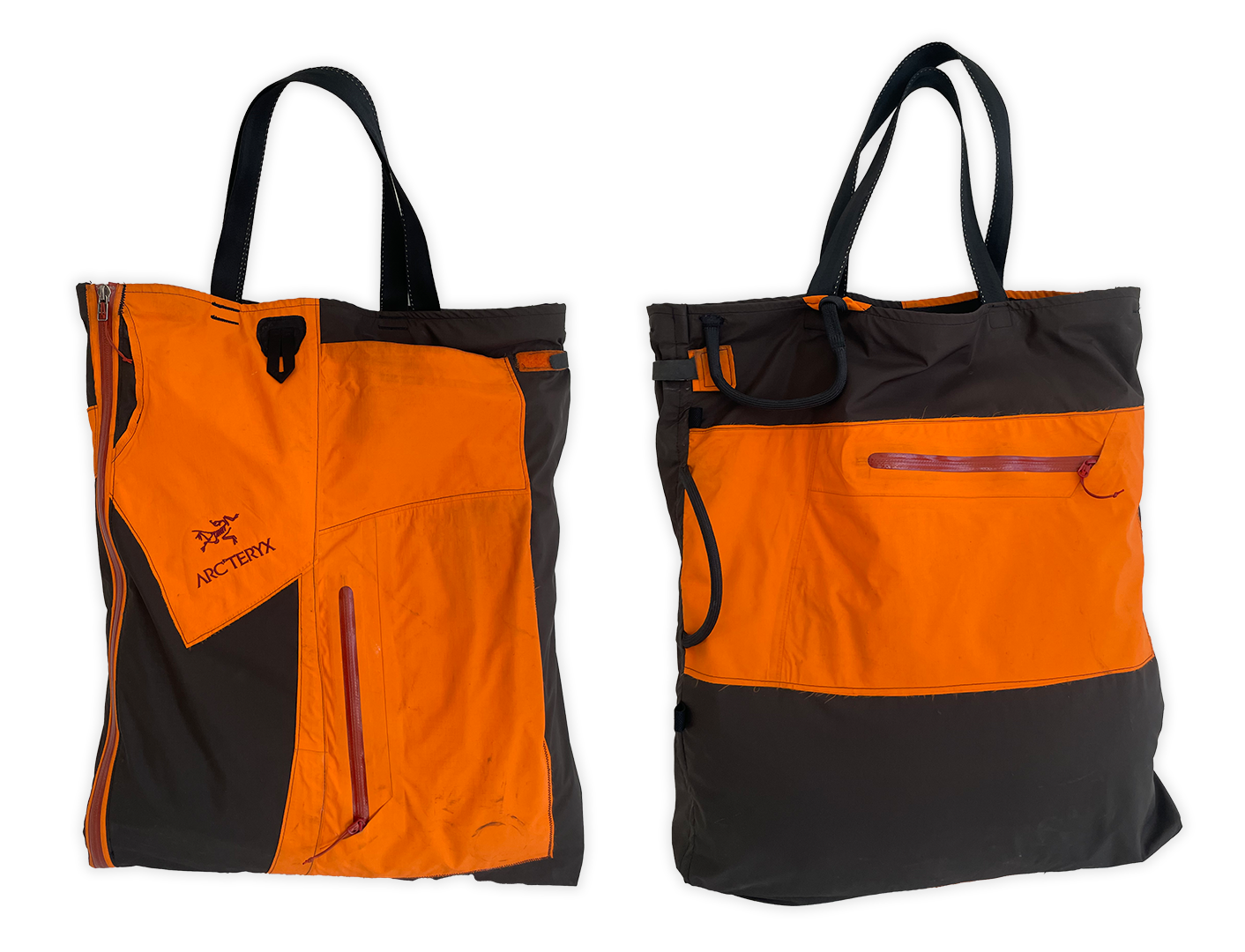 Upcycled Arc'teryx tote bag, front and back